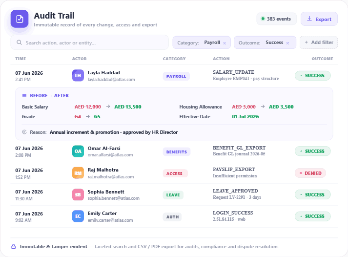 HRX360 audit trail — immutable record of every change, access and export with actor, action, before/after values, category and timestamp