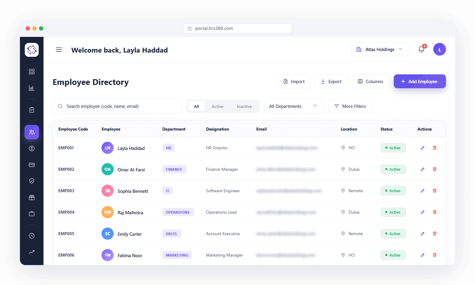 HRX360 employee management software UAE — Employee Directory dashboard listing employee records with codes, departments and status