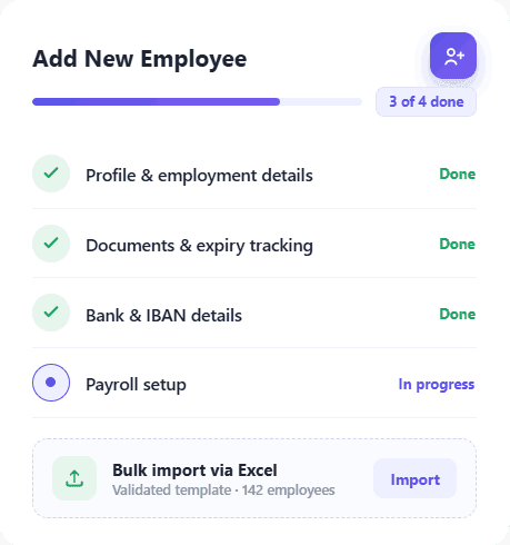 Onboard a new employee in HRX360 — capture profile, documents and bank/payroll setup, with bulk Excel import