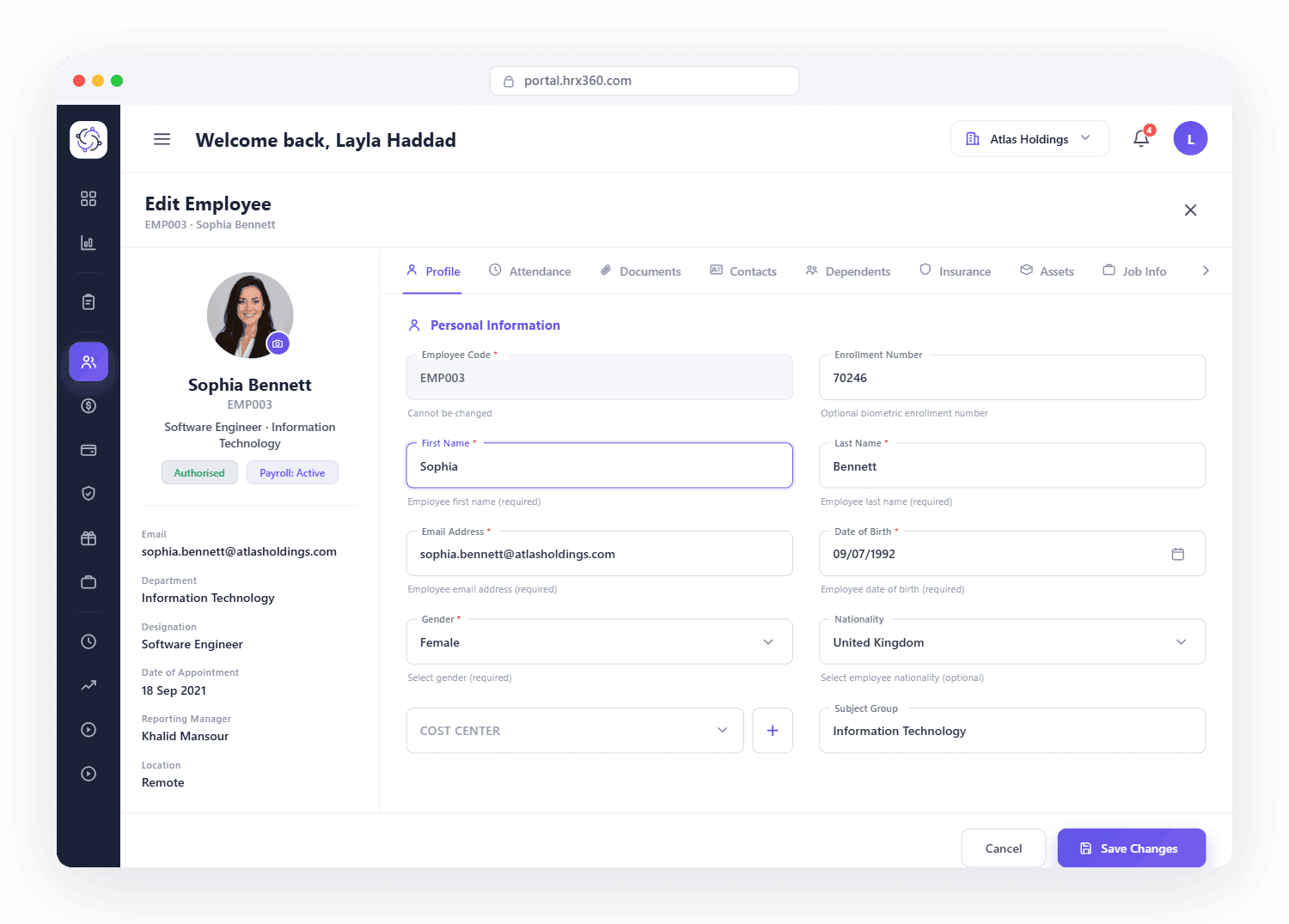 HRX360 employee portal — profile, attendance, documents and payslips on the web app, on any device.