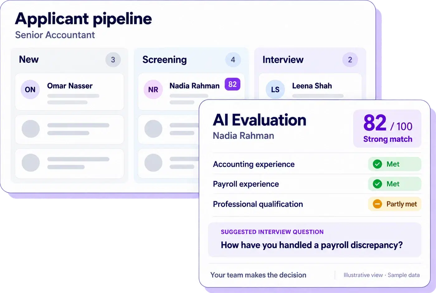 HRX360 applicant tracking system with AI CV screening: candidate match score out of 100, job requirements met and suggested interview questions