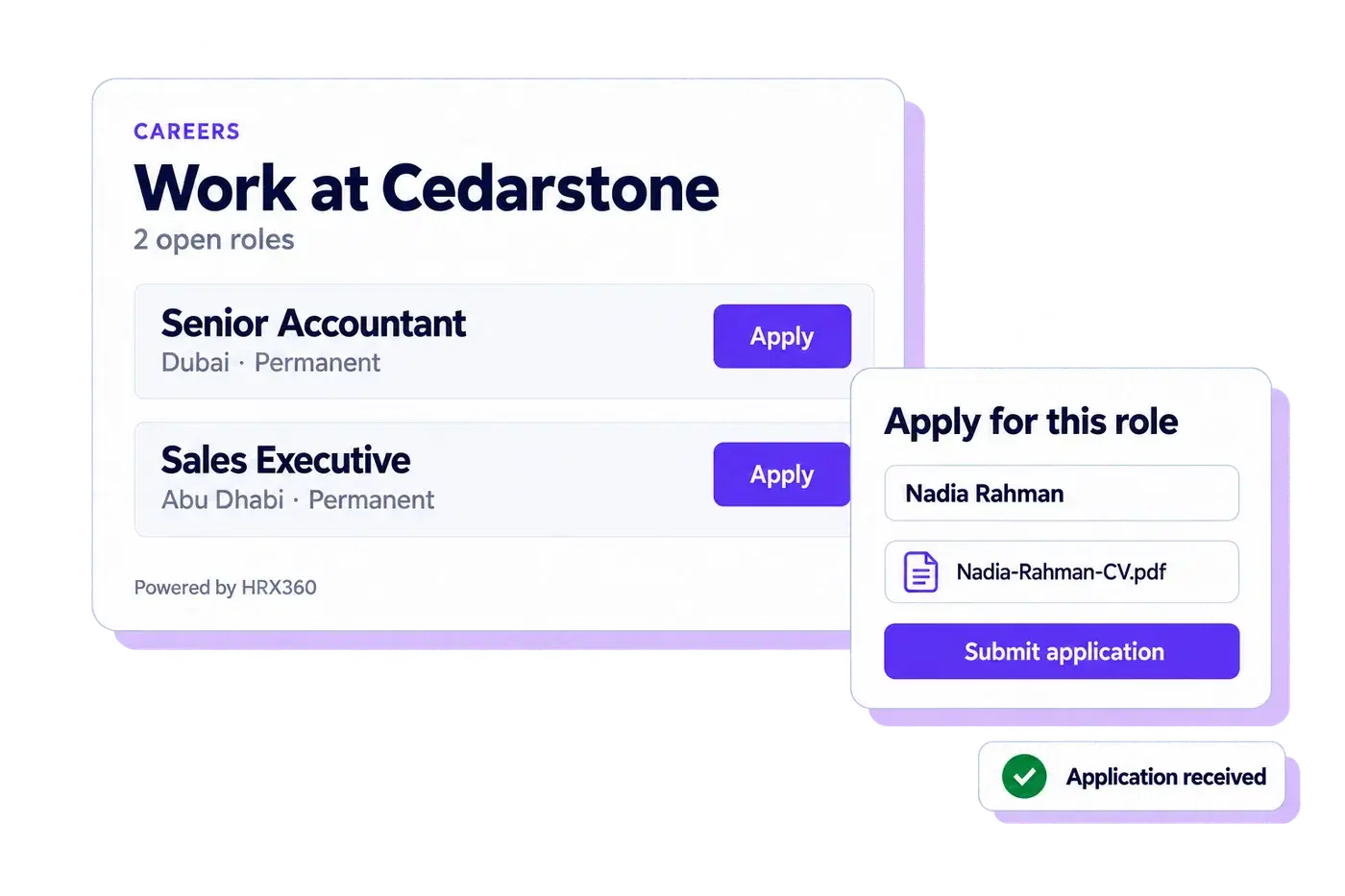 HRX360 applicant tracking system UAE: company careers page listing open jobs with an online application form and CV upload