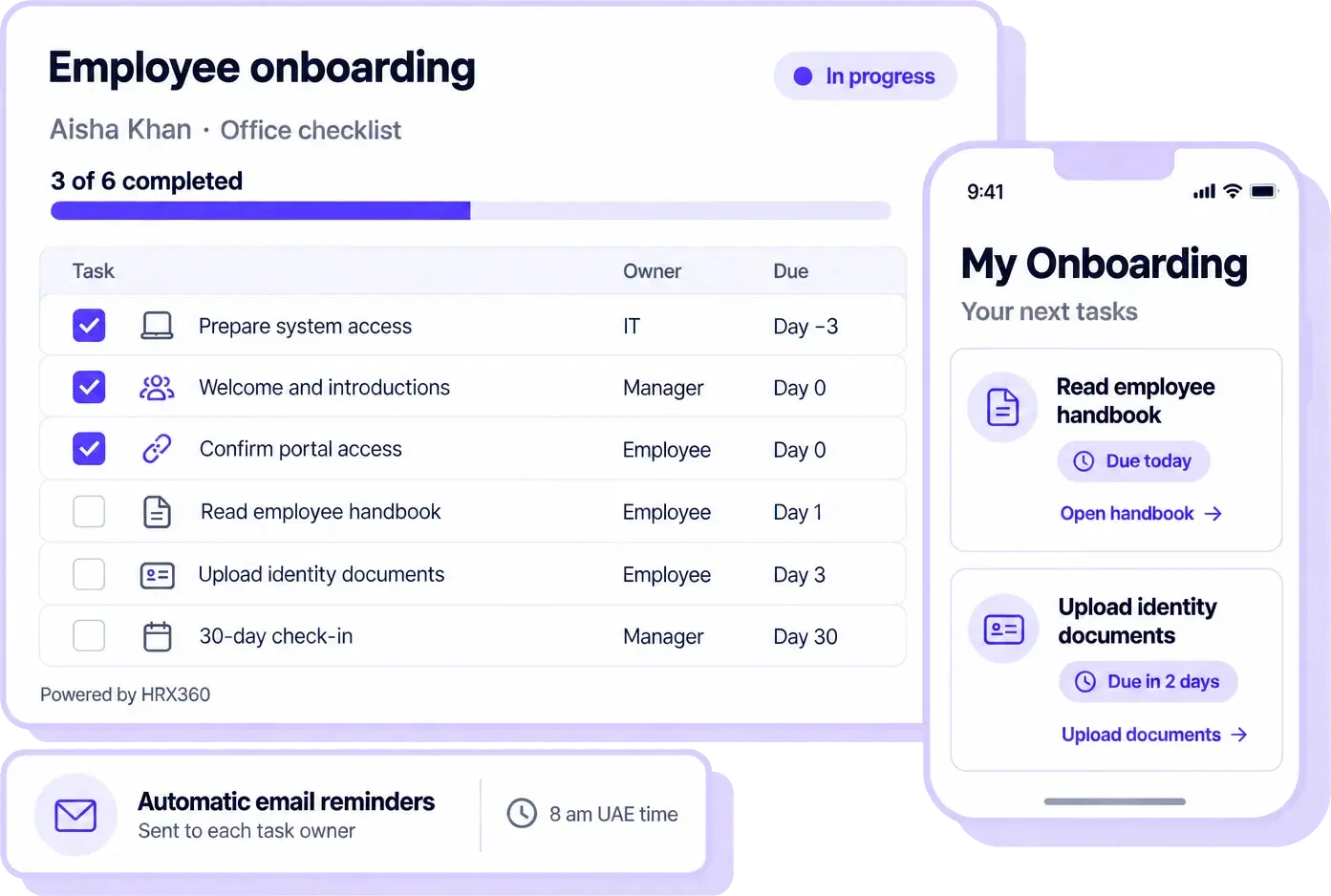 HRX360 onboarding checklist with task owners, due dates, employee app tasks and email reminders