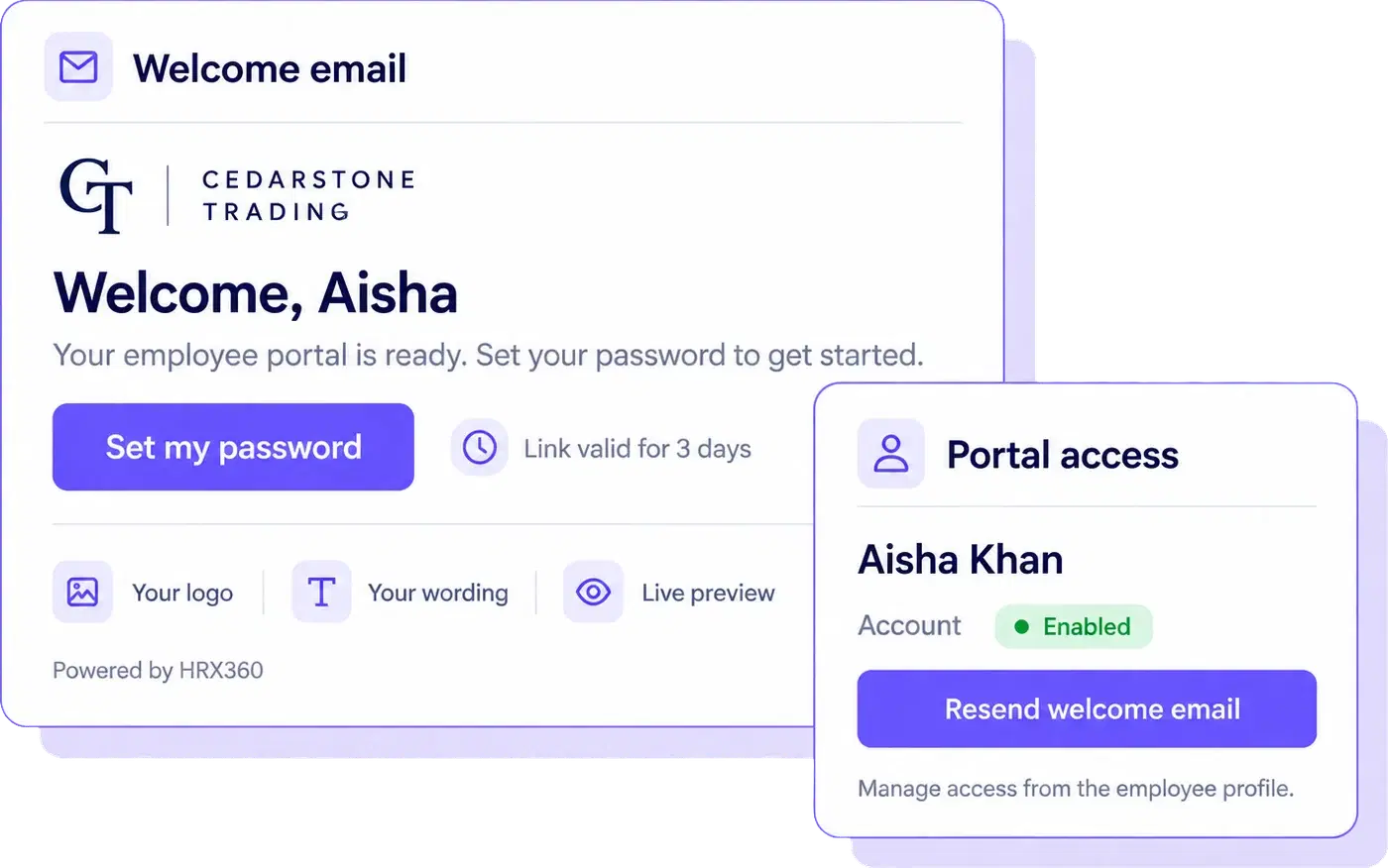 HRX360 branded welcome email with a three-day password setup link and employee portal access controls