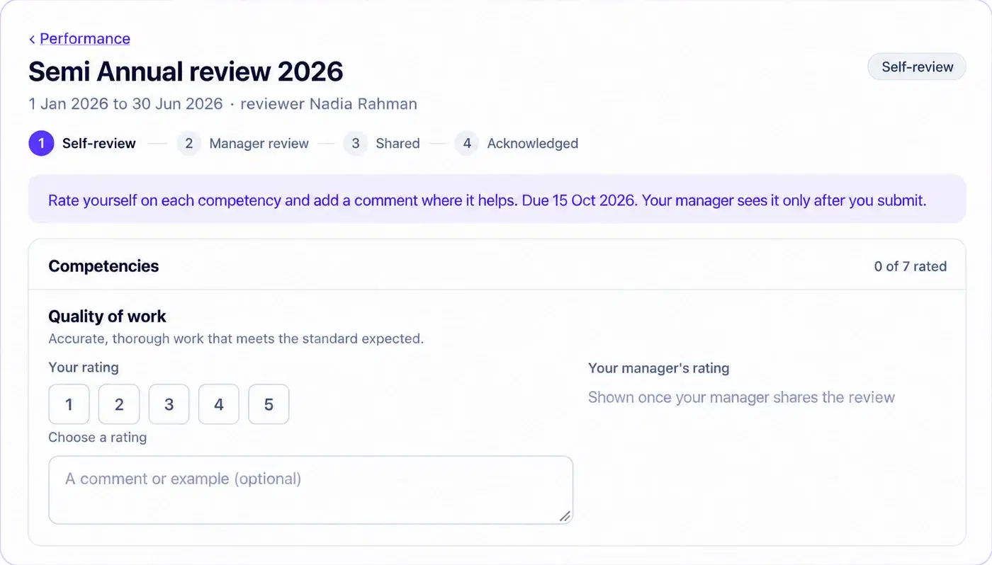 HRX360 employee self-assessment with competency ratings and manager feedback hidden until shared