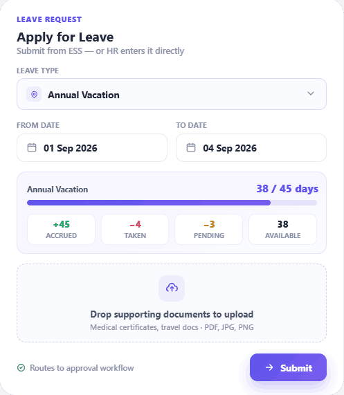 HRX360 employee self-service — apply for leave with live balances, date range, document upload and approval routing