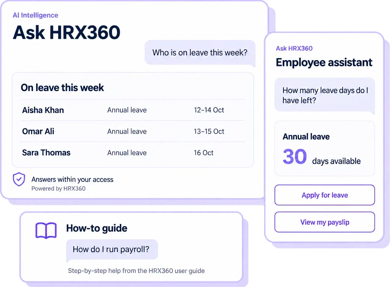 Ask HRX360 AI HR software answering a question from the company's own HR data with a figure, table and short reading